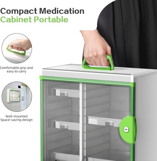 Glosen Locking Medicine Cabinet - Wall Mounted Portable Storage Container | Green 13.6 x 13.4 x 6.5 Inch