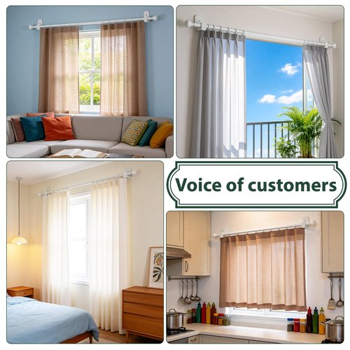 Curtain Rods No Drilling 32 to 58 Inches, USFOOK 5/8 Inch No Drill Curtain Rods for Windows with 3M Adhesive Brackets, Renter Friendly Drapery Pole with White Round Finials