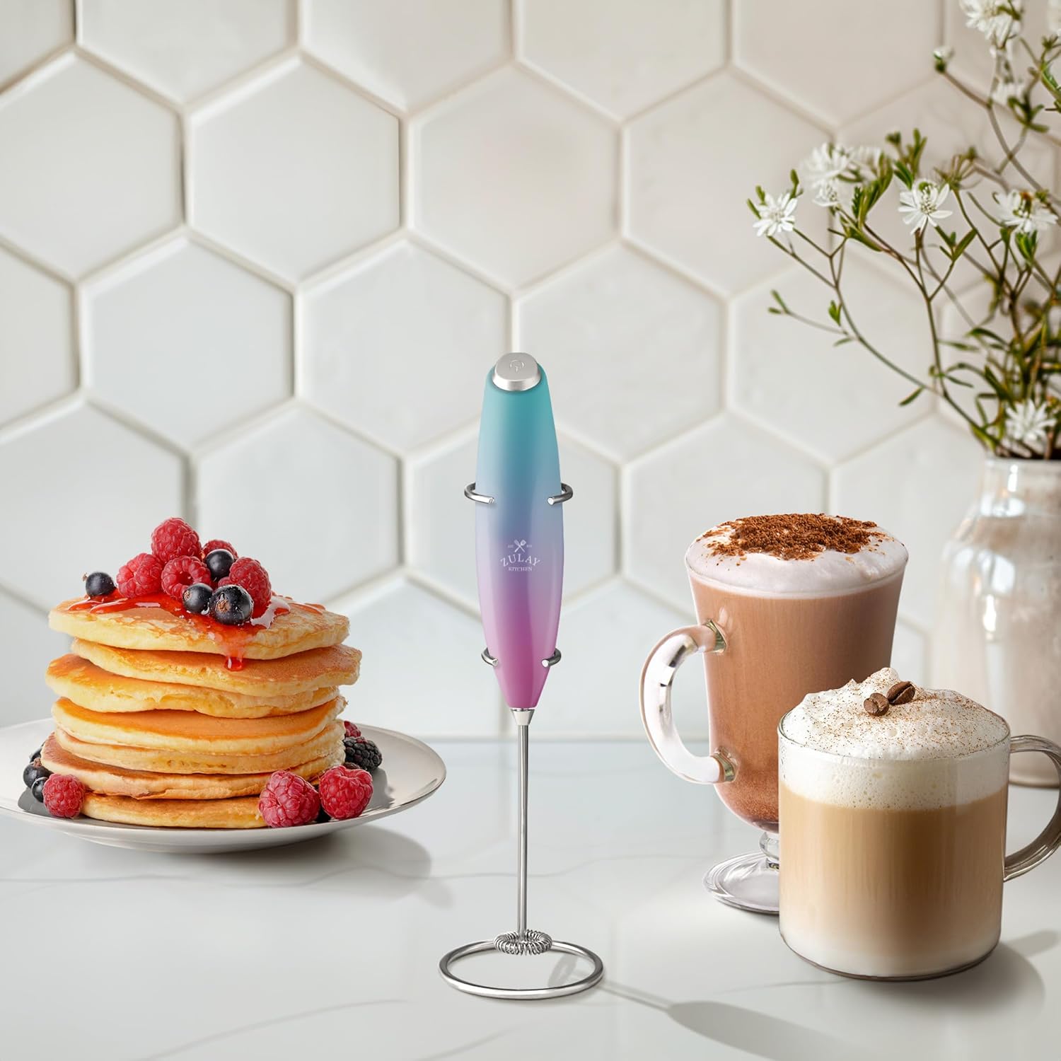 Zulay Kitchen Milk Frother Wand - Ultra-Fast Handheld Mixer for Coffee & Lattes - Pink Spritz