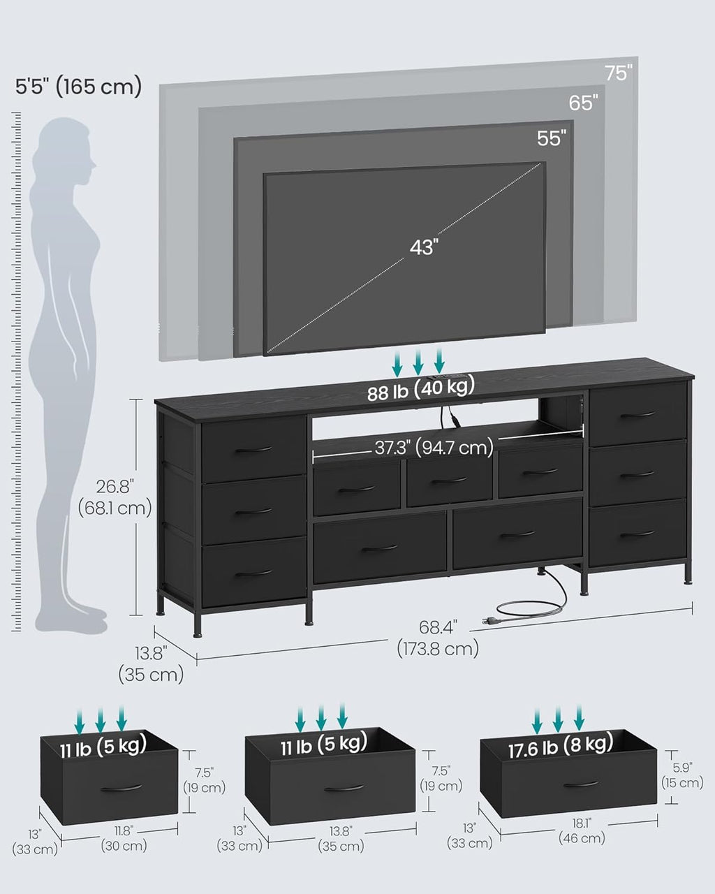 SONGMICS TV Stand - Modern Dresser for TVs Up to 70 Inches | 11 Drawers & Shelf in Ink Black