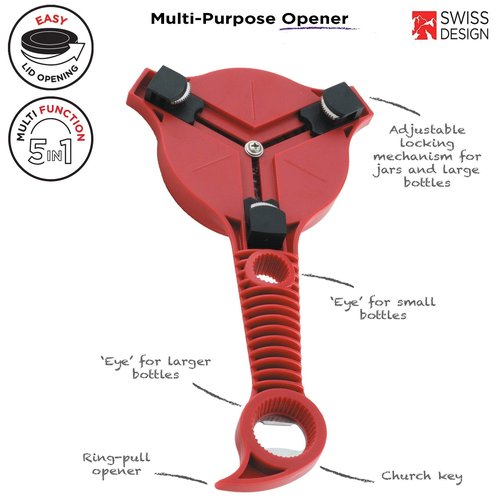 Kuhn Rikon 5-in-1 Multi-Purpose Strain-Free Opener for Jars, Bottles and Ring-Pull Cans, 5 x 10 x 2.25 inches, Red & Auto Safety Master Opener for Cans, Bottles and Jars, 9 x 2.75 inches, Red