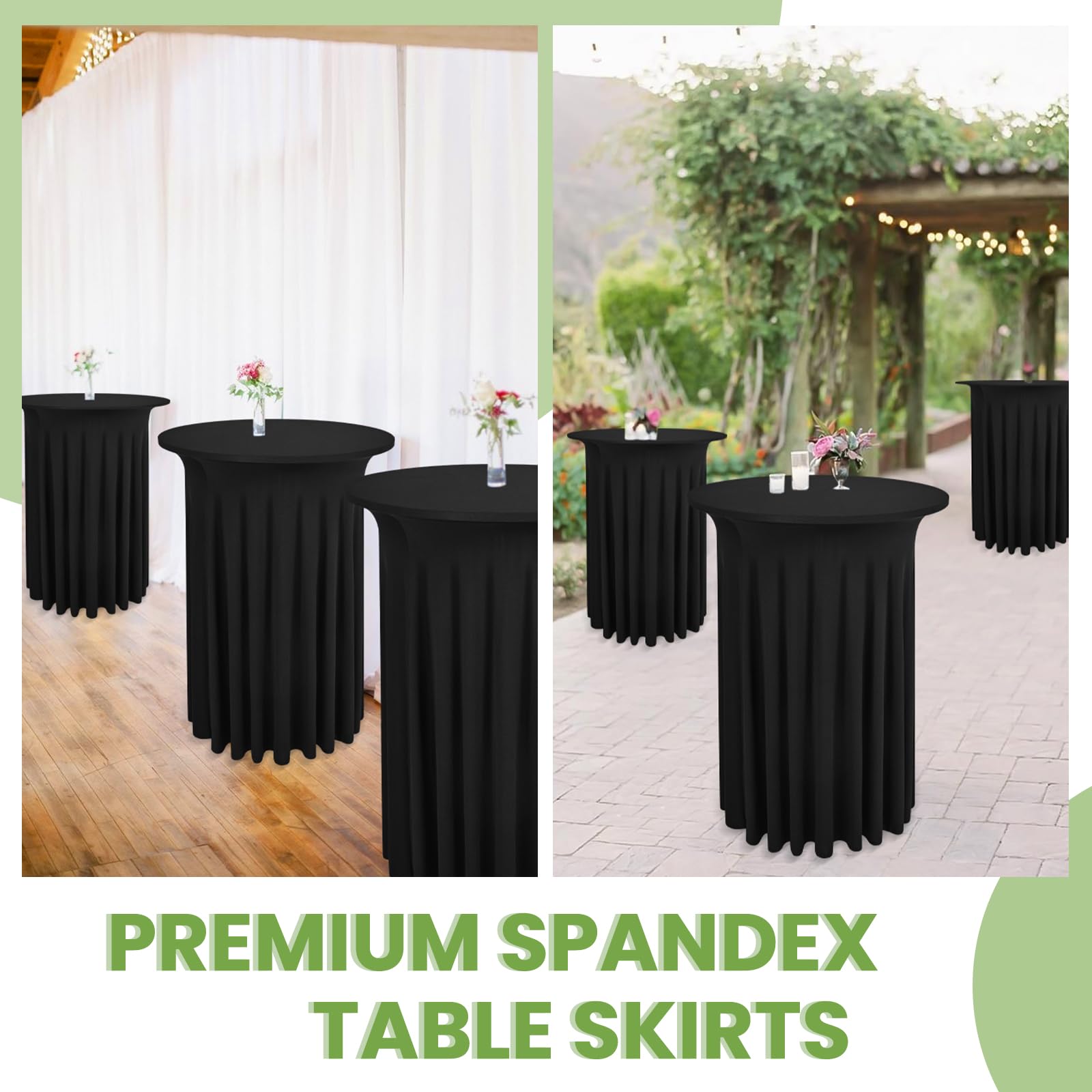 LOKUME 6 Pack Round Cocktail Table Skirts 32 x 43 Inch Black Spandex Cocktail Table Covers with Wavy Drapes Stretch Fitted Round High Top Tablecloths for Wedding Bar Party Banquet