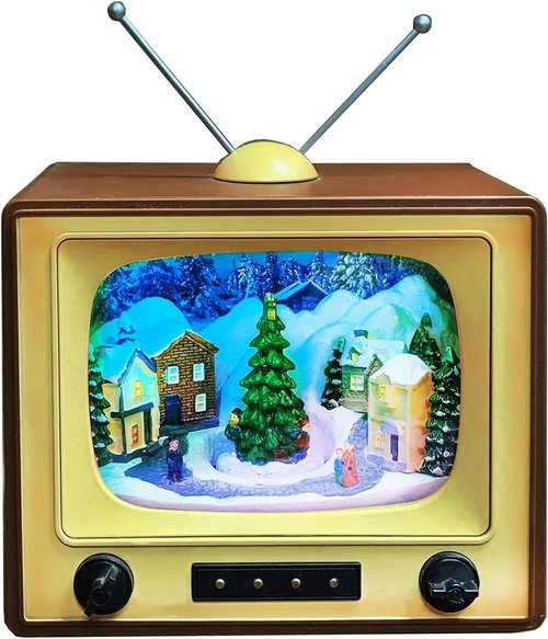 Moments in Time | Animated Retro TV Christmas Village Scene - 6” Hand-Painted Lighted Décor with LED Lights & Moving Tree