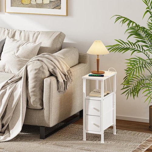 VIMBER 2 Set Narrow Side Table for Small Spaces, Skinny End Table with Charging Station, Sofa Beside Table with 2 Drawers 1 Open Compartment, Slim Nightstand with USB Ports Outlet, White UTBT005W2V2