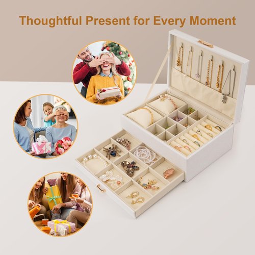 MOSISO Jewelry Box for Women, Large PU Leather Jewelry Organizer Drawer Storage Case with 2 Layers Display for Earrings Bracelets Rings Necklaces Watch Holder, White