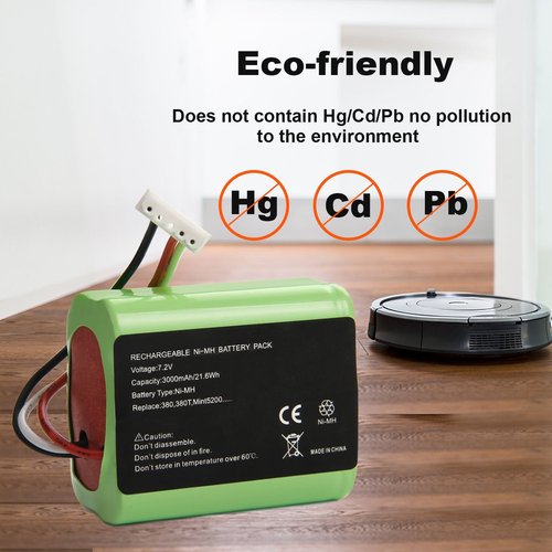 High Capacity 3000mAh 7.2 Volt Replace Battery for Robot Braava 380 380t 390T, Mint5200 5200B 5200C NI-MH Floor Mopping Robots [2XPack]