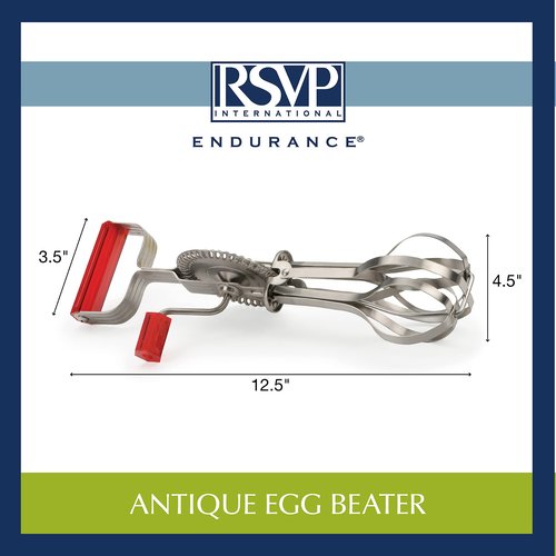 RSVP International Endurance (BEATR-RD) Antique Egg Beater, Hand-Crank, Stainless Steel, 12.25" | Whips & Beats Eggs, Cream, or Other Liquids | Dishwasher Safe | Retro Mixer
