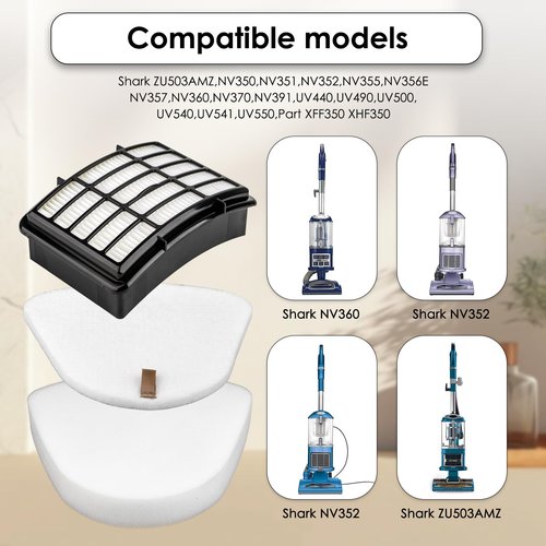 1 HEPA + 3 Foam Filters Replacement Compatible With Shark Vacuum Navigator Lift Away NV350 NV351, NV352, NV355, NV356E, NV360, NV370 NV391, ZU503AMZ, UV440 UV490, UV500 UV540 UV550 CU500#XFF350 XHF350
