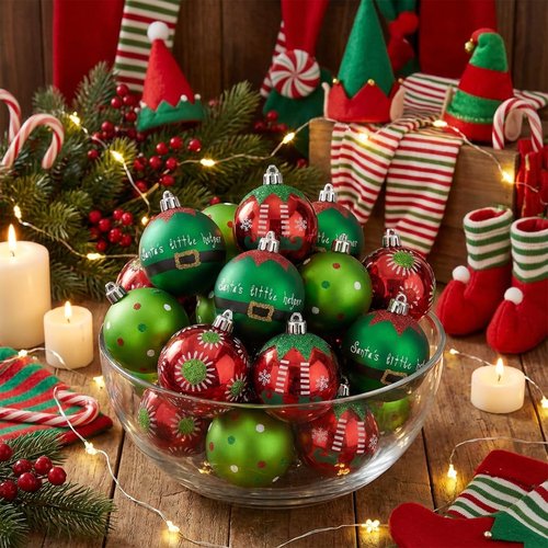 Valery Madelyn Christmas Ornaments Set, 24ct Elf Red Green White Shatterproof Christmas Tree Decorations Set, 2.36 Inch Decorative Hanging Ball Ornaments Bulk for Xmas Holiday Party Indoor Decor