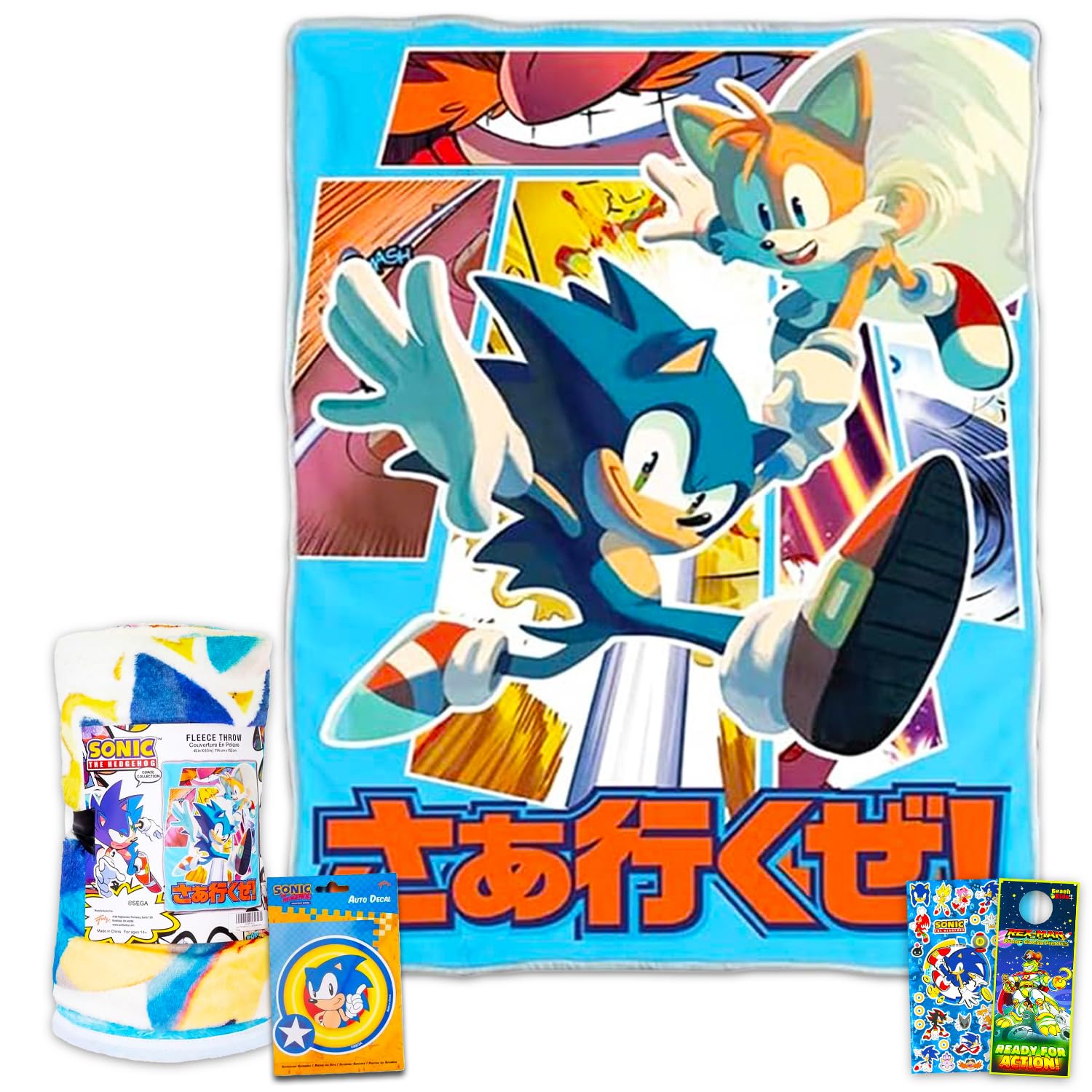 Sonic The Hedgehog Fleece Blanket Set - Bundle with Soft Video Game Blanket Plus Air Freshener, Stickers, More for Kids, Adults, Children | Cozy Sonic Fleece Blanket 45" x 60"