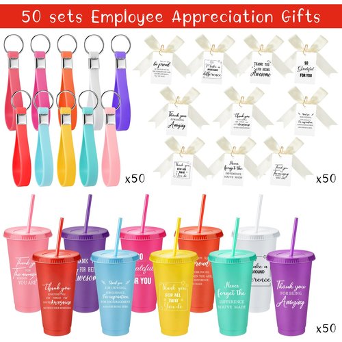 Tioncy 50 Sets Group Appreciation Gifts 24oz Plastic Appreciation Tumblers with Lids Straws Keychains Cards Thank You Cups for Office Employee Staff Teacher Team-building Graduation Gifts(Fresh)