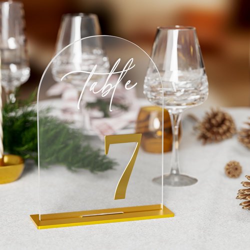 iFaveorr Arch Wedding Table Numbers 1-20 with Stands, Elegant Gold Number 5.5 x 7” Arch Acrylic Signs with Holder, Clear Acrylic Table Numbers for Wedding Reception, Anniversary, Party, Events