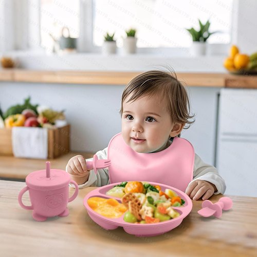 Baby Led Weaning Supplies, 8 Piece BPA-Free Silicone Feeding Set, Silicone Suction Bowl, Forks & Spoons, Bib & Cup, Develops Self Feeding Skills, Dishwasher Safe, for 6+ Months (Pink)