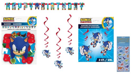 Sonic Birthday Party Supplies Bundle includes 1 Happy Birthday Paper Banner 6.25ft, 3 Hanging Swirl Decorations, 1 Dinosaur Sticker Sheet