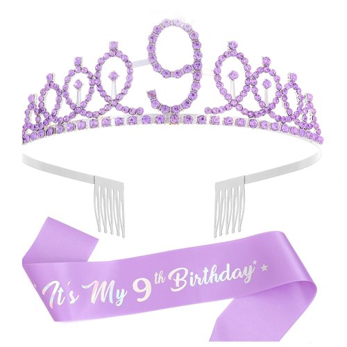 9th Birthday Decorations for Girls,Purple Headband & Glitter Sash Set for 9 Year Old Girl Birthday Decoration (Purple)