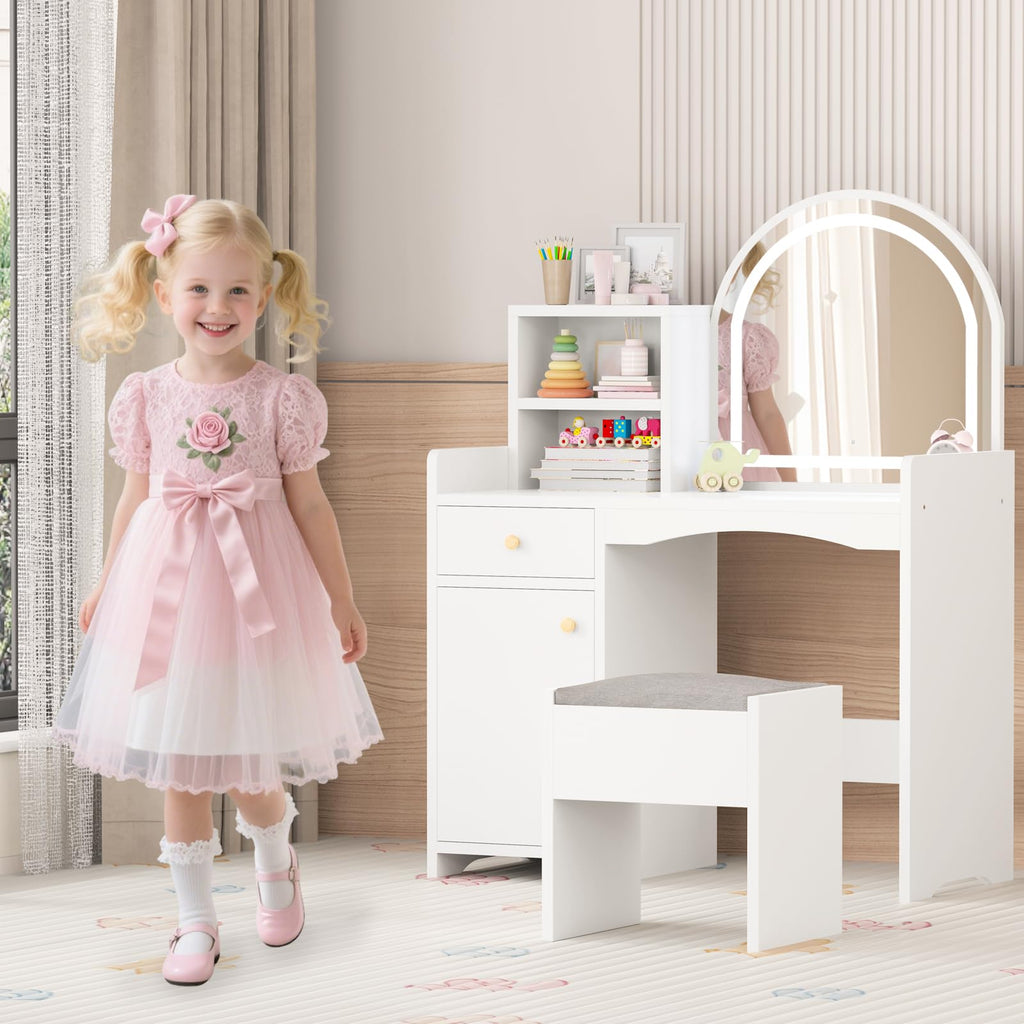 Zupemo Kids Vanity Table and Chair Set with Lighted Mirror, Toddler Vanity for Girls with Stool, Storage Shelves and Drawer, Little Girls Vanity Set with Mirror and Lights, White