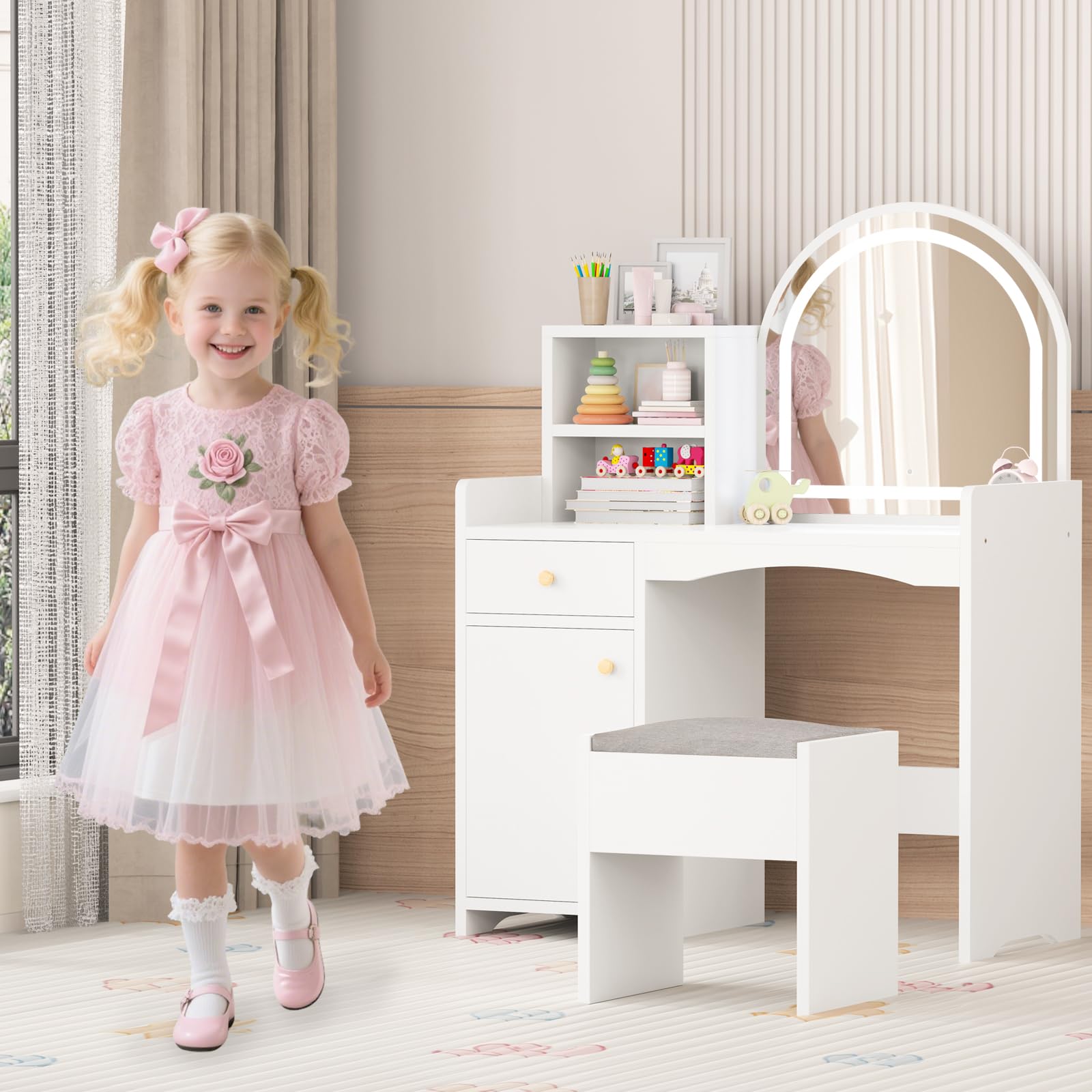 Zupemo Kids Vanity Table and Chair Set with Lighted Mirror, Toddler Vanity for Girls with Stool, Storage Shelves and Drawer, Little Girls Vanity Set with Mirror and Lights, White