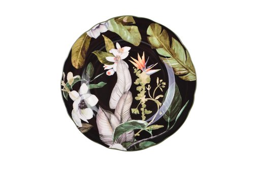 222 Fifth 12-Piece Porcelain Dinnerware Set for 4, Black & White Plates and Bowls Set with Tropical Floral Design, Glossy Ceramic Dish Set, Kitchen Tableware, Microwave & Dishwasher Safe, Borneo