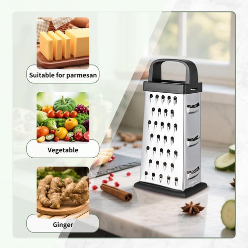 Cheese Grater, 8 IN Size 4-Sided Stainless Steel Grater, Food Shredder for Cheese, Parmesan, Vegetable, Dishwasher Safe, Black