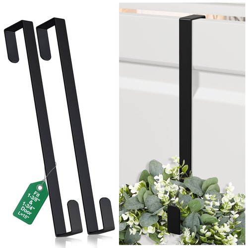 15" Reversible Wreath Hangers for Front Door, Fit Most Doors up to 1-3/4", Heavy Duty Steel Over The Door Hooks Hold up to 80 LBS for Spring & Easter Wreaths, Seasonal Door Decor (Black 2 Pack)