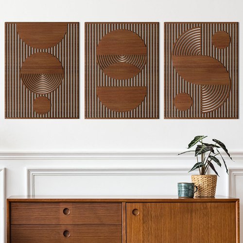 Homenthus 3 Pcs Abstract Wood Wall Art - Mid Century Modern Geometric Decor for Boho Spaces