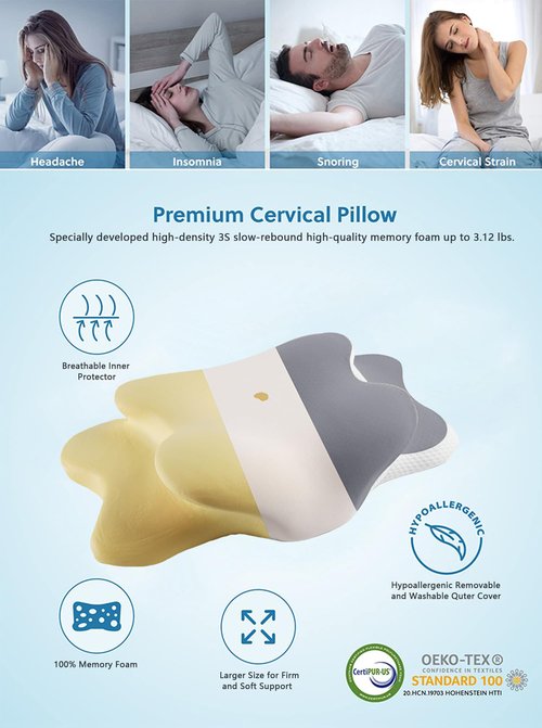 Ergo Pillow for Sleep Apnea, Neck Pain, and Snoring Relief | Cervical Neck Pillow for Side Sleepers | Orthopedic Memory Foam with Ergonomic Support