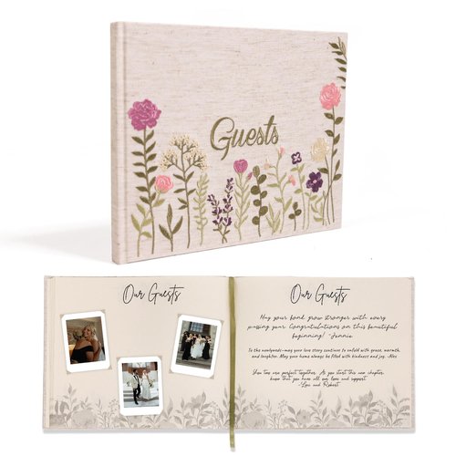 Linen Embroidered Photo Wedding Guest Book - Premium Hardcover Pink Polaroid Guestbook for Wedding Reception, Baby Shower, Bridal Shower, Funeral, Engagements -160 Pages for Notes 10.25" × 8.25"