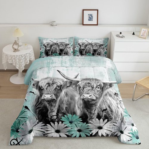 Erosebridal Highland Cow Twin Comforter Set,Western Longhorn Bull Bedding Set for Kids Adults,Farmhouse Animal Print Comforter Soft Breathable,Teal Daisy Floral Bedroom Room Decor,1 Pillowcase