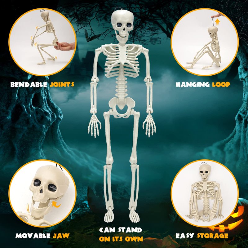 Full Body Halloween Skeleton Decor - Adjustable White Plastic Skeleton for Haunted House & Yard