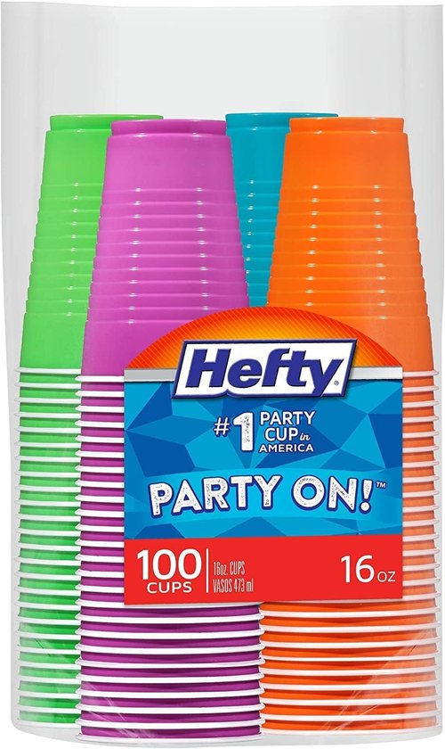 Hefty Disposable Plastic Party Cups - Easy Grip & Durable 16-Ounce Assorted Color Variety Pack | 100 Count