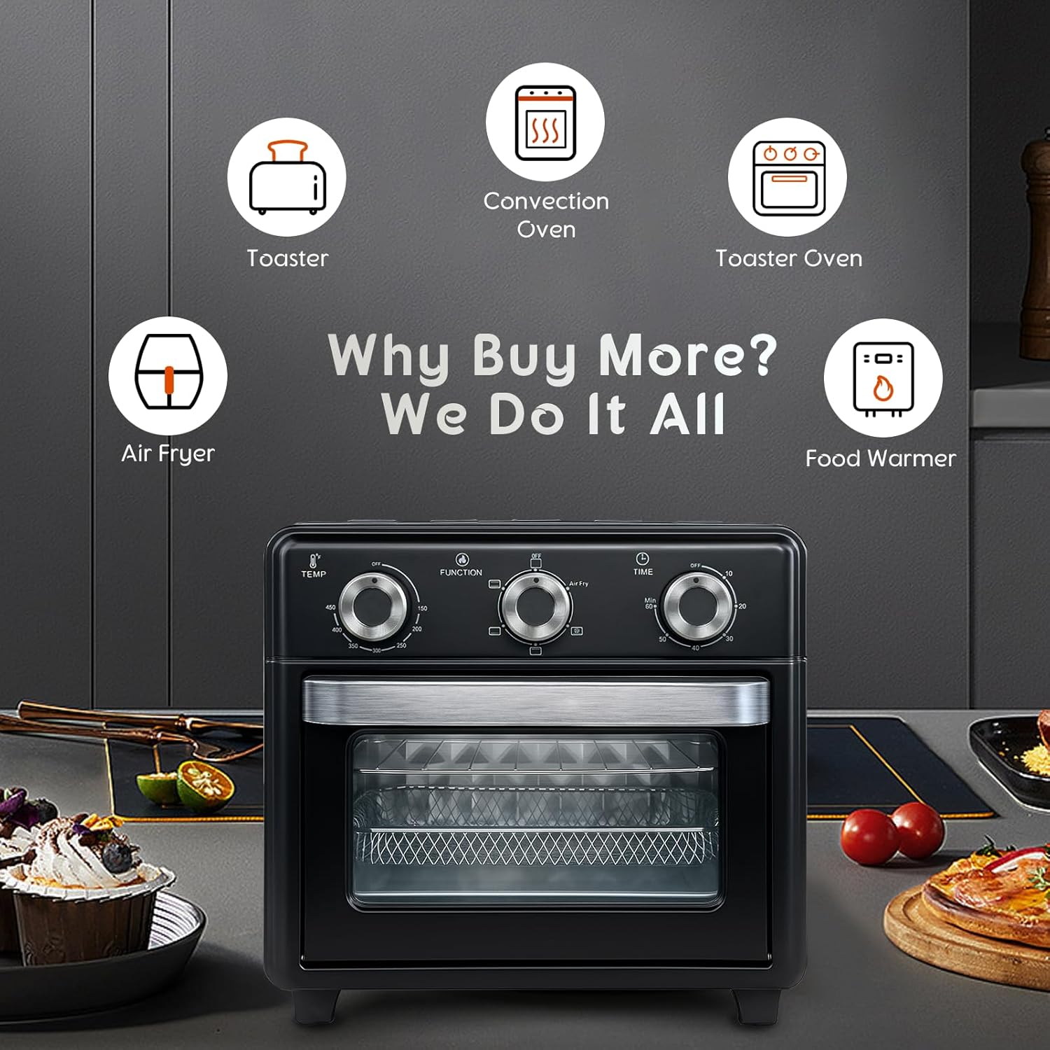 Skiennix 10QT Air Fryer Toaster Oven Combo - 5-in-1 Functions, 3-Layer Cooking, Visible Window, Ideal for Small Kitchens
