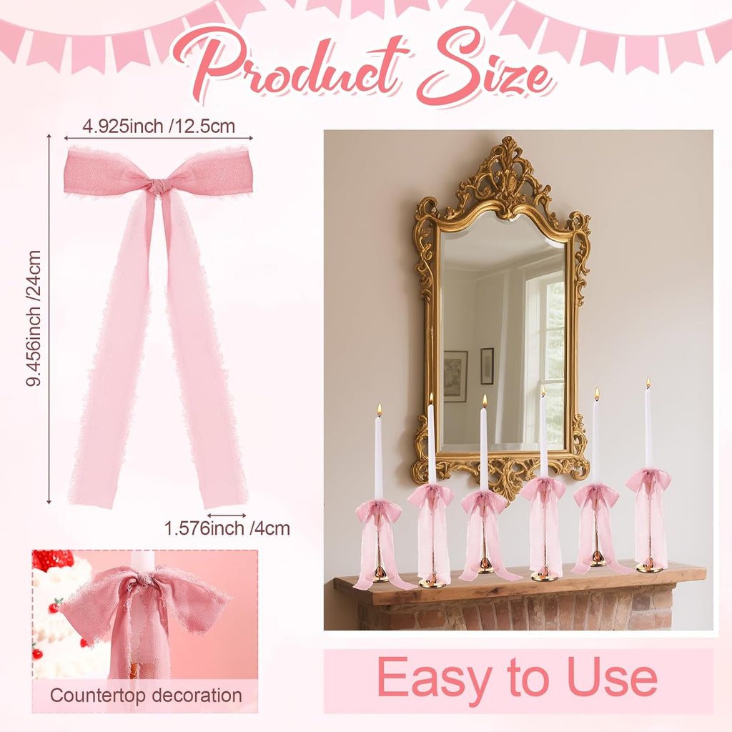Skiennix 24 Pcs Pink Bow Candlestick Ribbons - Perfect for Cake Decorations & Gift Wrapping | 9.5 Inch