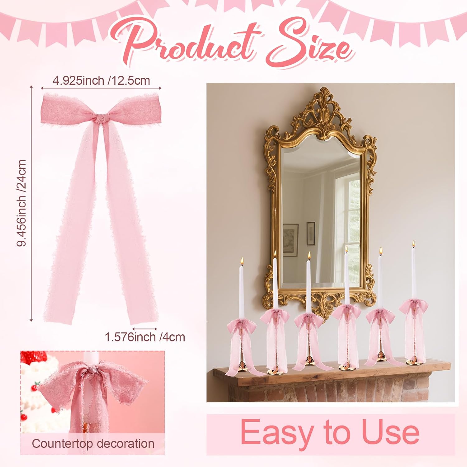Skiennix 24 Pcs Pink Bow Candlestick Ribbons - Perfect for Cake Decorations & Gift Wrapping | 9.5 Inch