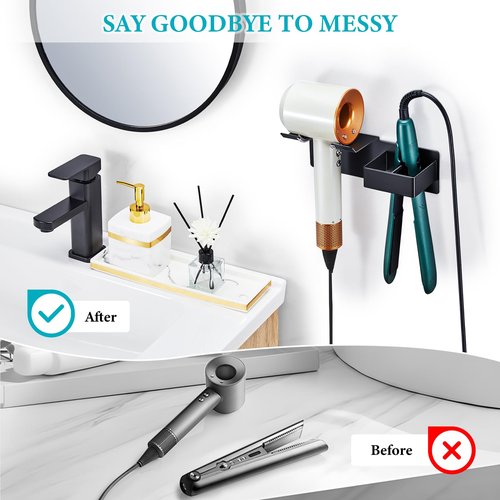 Hair Dryer Holder, Hair Straightener Holder Wall Mount, Hair Tool Organizer, Hairdryer and Straightener Holders, Adhesive Hair Tool Storage for Blow Dryer, Curling Iron, Flat Iron Stand (Black)
