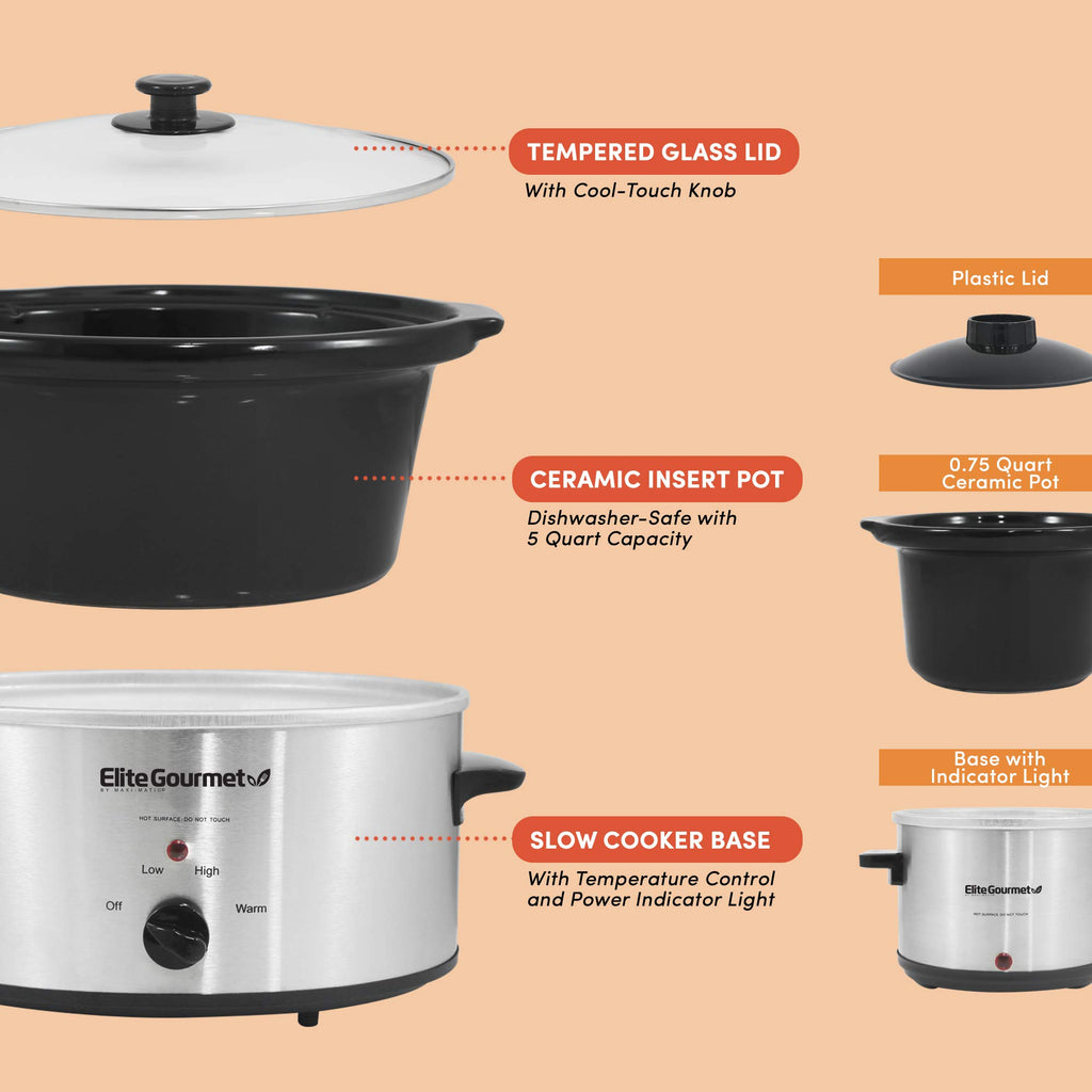 Elite Gourmet MST-500D Electric Slow Cooker, Includes 0.75-Quart Dipper with Adjustable Temp, Entrees, Sauces, Stews & Dips, Dishwasher Safe Glass Lid & Crock, 5 Quart, Stainless Steel