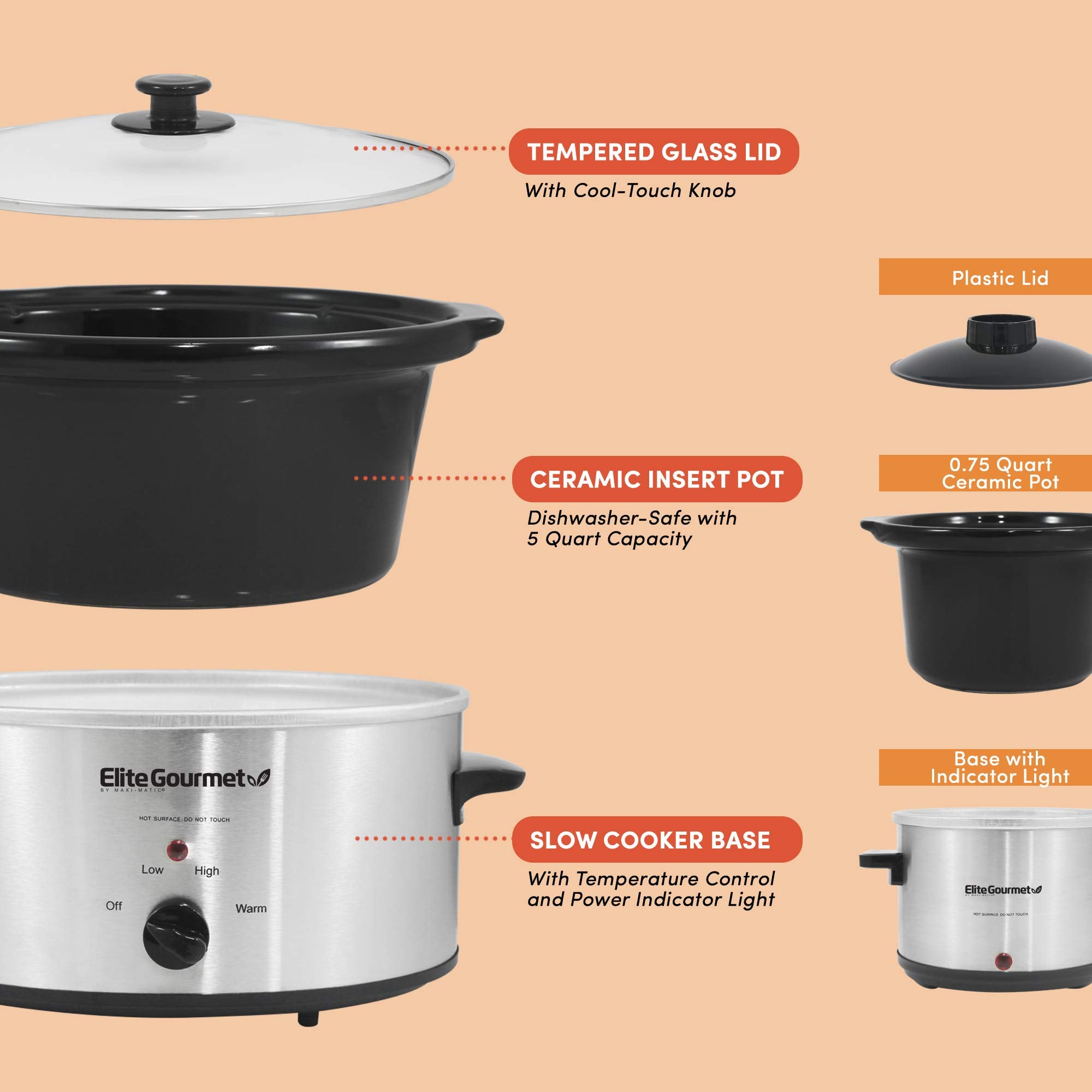 Elite Gourmet MST-500D Electric Slow Cooker, Includes 0.75-Quart Dipper with Adjustable Temp, Entrees, Sauces, Stews & Dips, Dishwasher Safe Glass Lid & Crock, 5 Quart, Stainless Steel