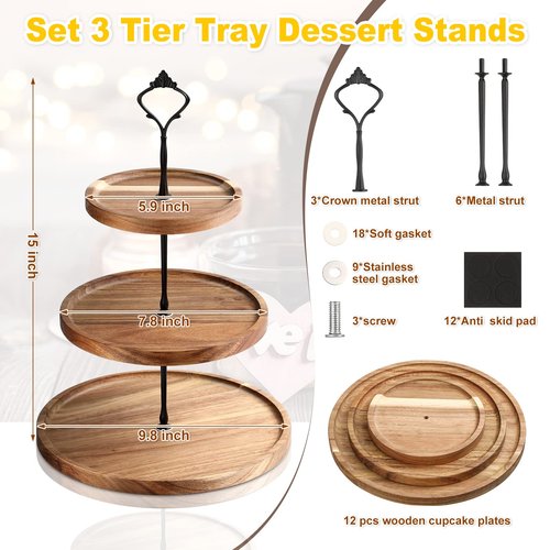 Zopeal 3 Set 3 Tier Wood Cupcake Stand,Rustic Wooden Serving Tray Farmhouse Dessert Display Tiered Cake Tower Holder for Kitchen Wedding Birthday Tea Party Decorations(Medium(5.9''7.8''9.8''))
