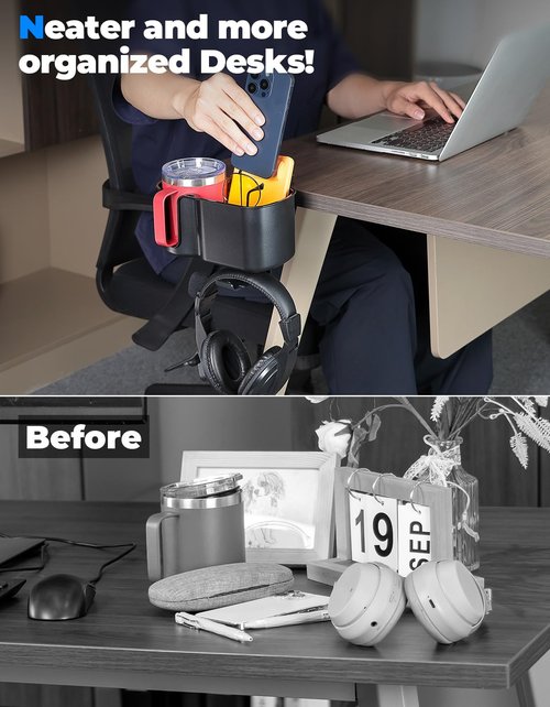 KEMIMOTO Desk Cup Holder with Headphone Hanger, 2 in 1 Caddy Organizer for Office Table, Lawn Chair, Golf Cart, Pontoon Boat, Fit for Most 18-32 oz Bottles (2)