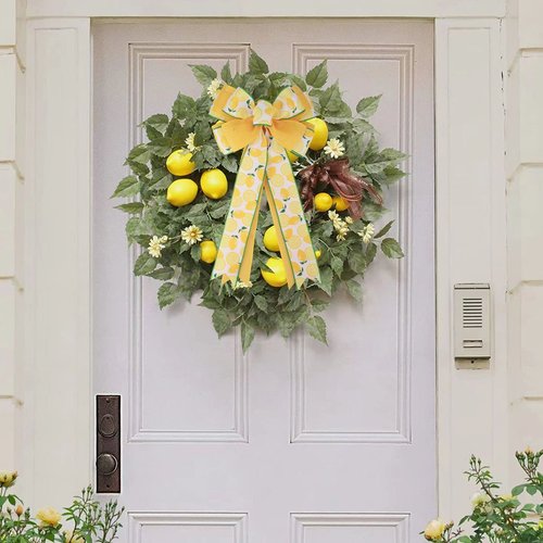 Meseey 1 Pcs Lemon Yellow White Green Fruit Wreath Bow 20x10 Inch DIY Crafts Rustic Bows Ornaments for Summer Holiday Tree Topper Lemon Theme Party Decorations (Lemon)