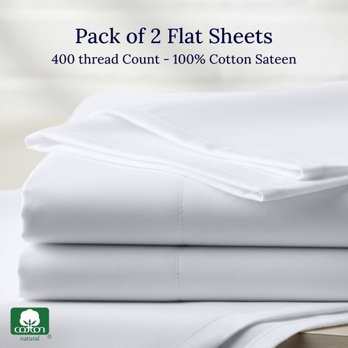 California Design Den Twin Flat Sheets Only 2 Pack - 400 Thread Count, 100% Cotton Sateen, Soft and Breathable Top Sheet Only Pack, Elegant 4" Hem Style - White