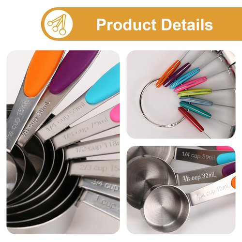 Stainless steel measuring cup set, consisting of 8 cups, suitable for cooking and baking.