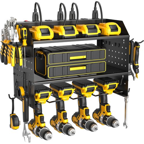 ZESEN Power Tool Organizer Wall Mount, 3 Layer Charging Station with 6 Outlets, 4 Drill Holders and Drill Bit Rack, Tool Holder Storage Shelf Rack for Garage, Workbench and Workshop, Black