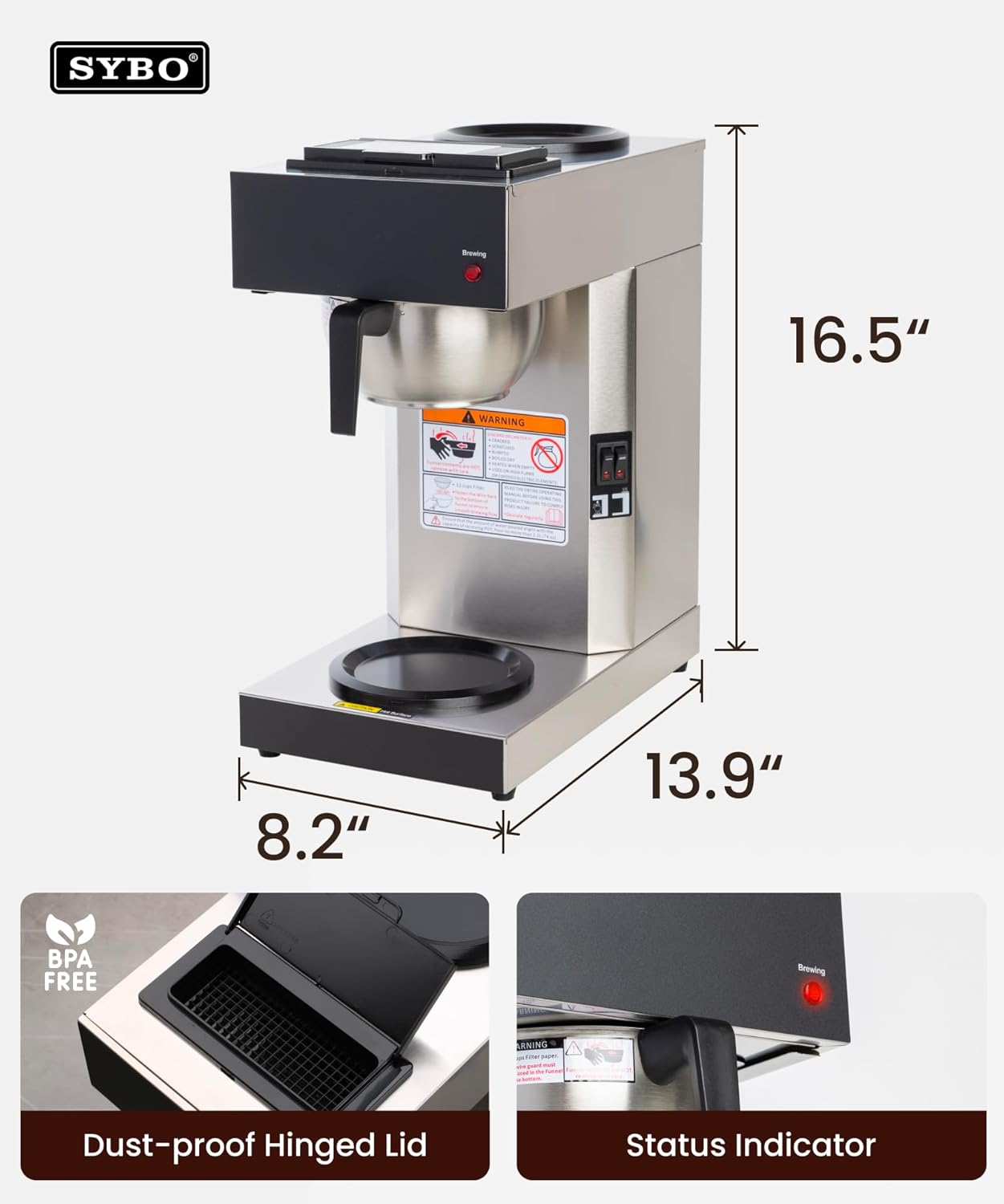 SYBO 12-Cup Coffee Maker - Commercial Pour Over Brewer with Dual Warmers & Stainless Steel Design
