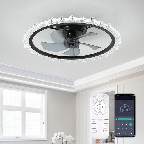 FTZVRD Ceiling Fans with Lights, 24 Inch Ceiling Fan with Light and Remote, Low Profile, Reversible, Dimmable LED, Flush Mount, DC Motor, Fandelier Black Ceiling Fan for Bedroom, Kitchen, Office