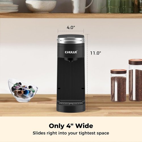 CHULUX Slim Single Serve Coffee Maker - Compact K Cup Pod Machine for Dorm, RV, Office & Travel - Matte Black