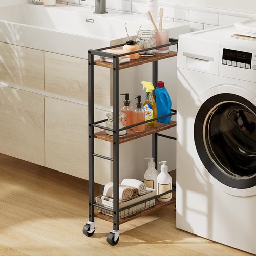MAHANCRIS Slim Rolling Cart, Mobile Kitchen Cart on Wheels, Narrow Storage Cart for Small Space, Wooden Service Cart, for Bathroom, Laundry, Living Room, Rustic Brown RCHR1501Z