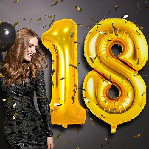 Gold 18 Balloon Number - 42 Inch Foil Mylar Helium Balloon for 18th Birthday & Anniversary Celebrations