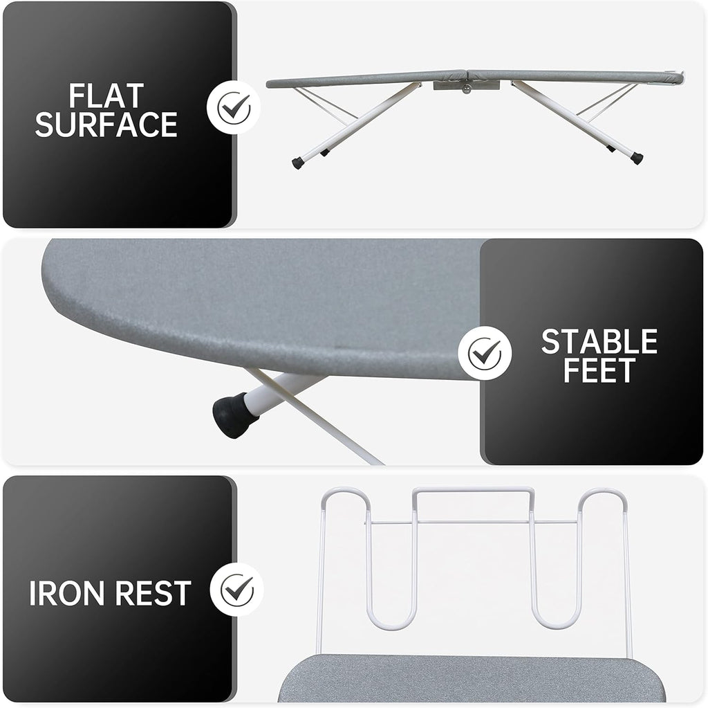 ZOES HOMEWARE Portable Ironing Board - Foldable Design with Heat Resistant Cover & Cotton Pad | 31.5"x11.8"x7", Grey