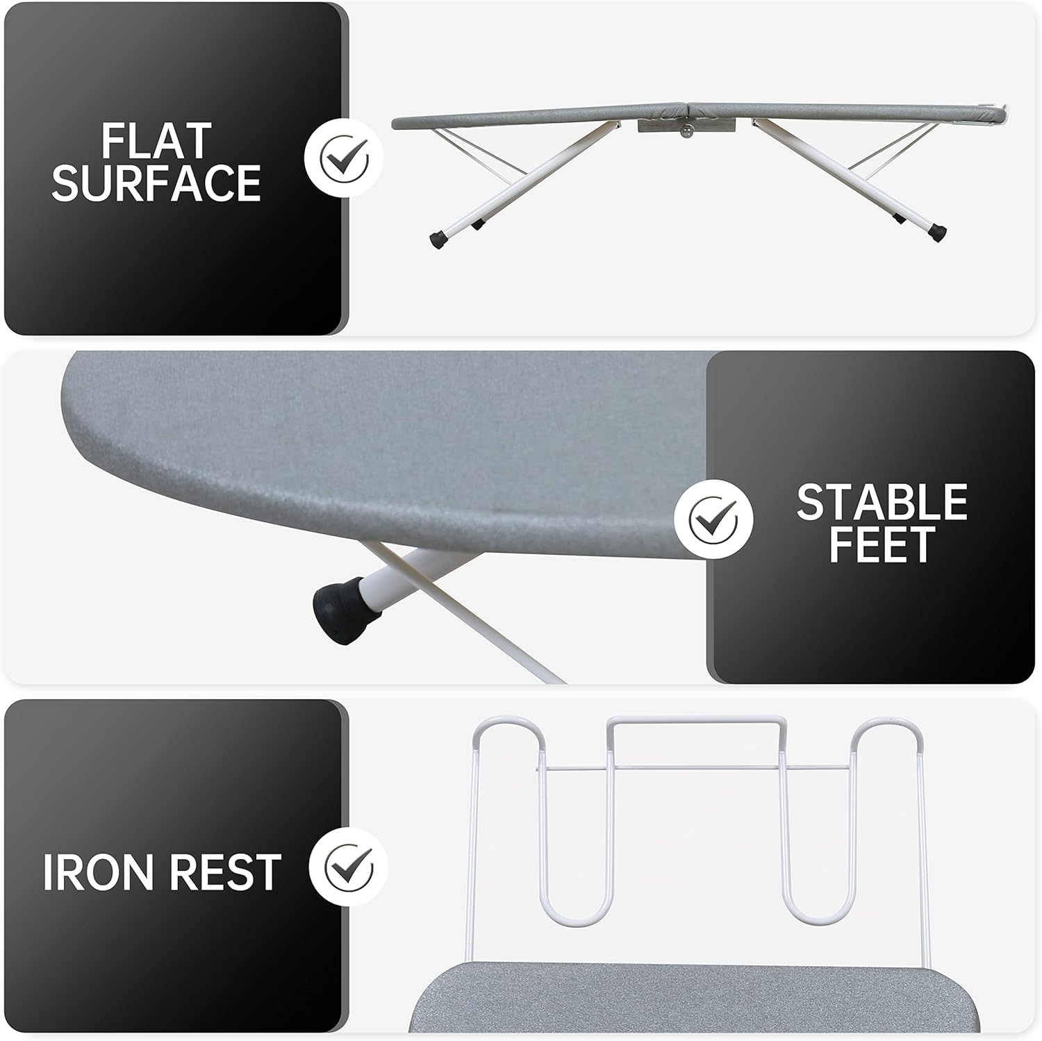 ZOES HOMEWARE Portable Ironing Board - Foldable Design with Heat Resistant Cover & Cotton Pad | 31.5"x11.8"x7", Grey