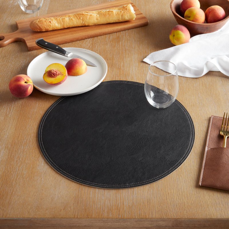 Faux Leather Placemat - Black, 15" Round - 4 Pack
